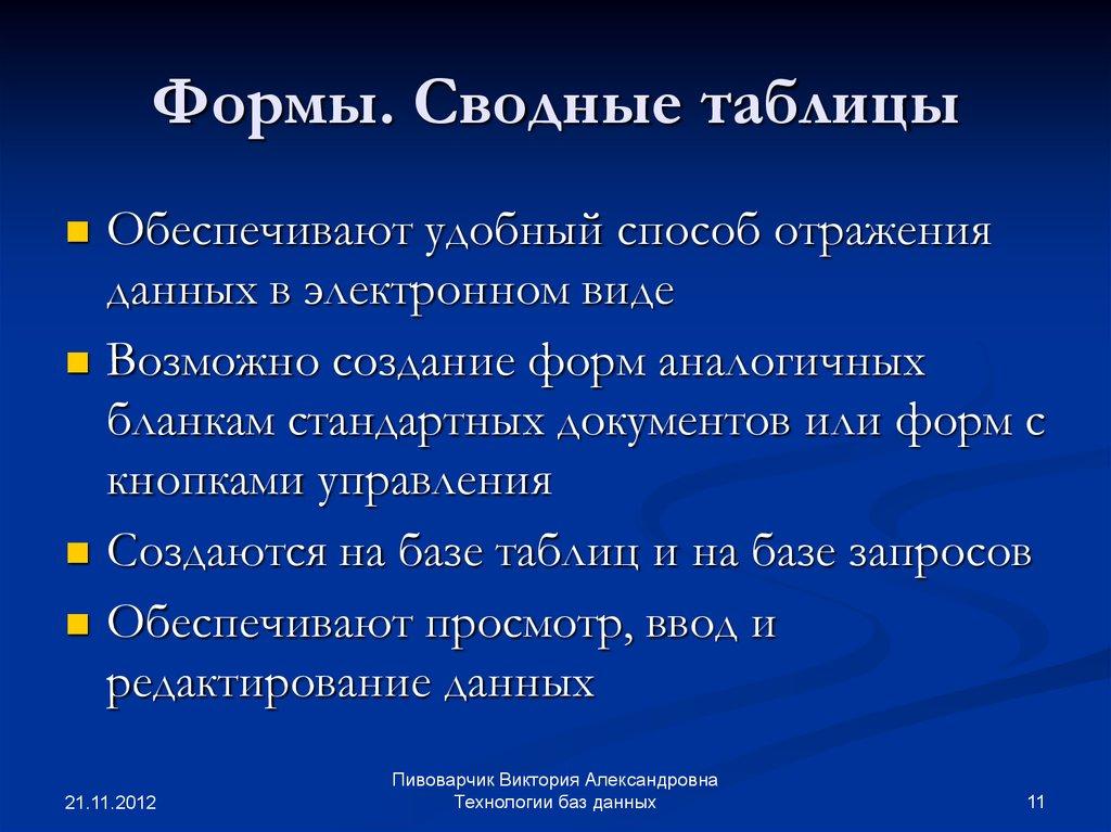 Формы. Сводные таблицы