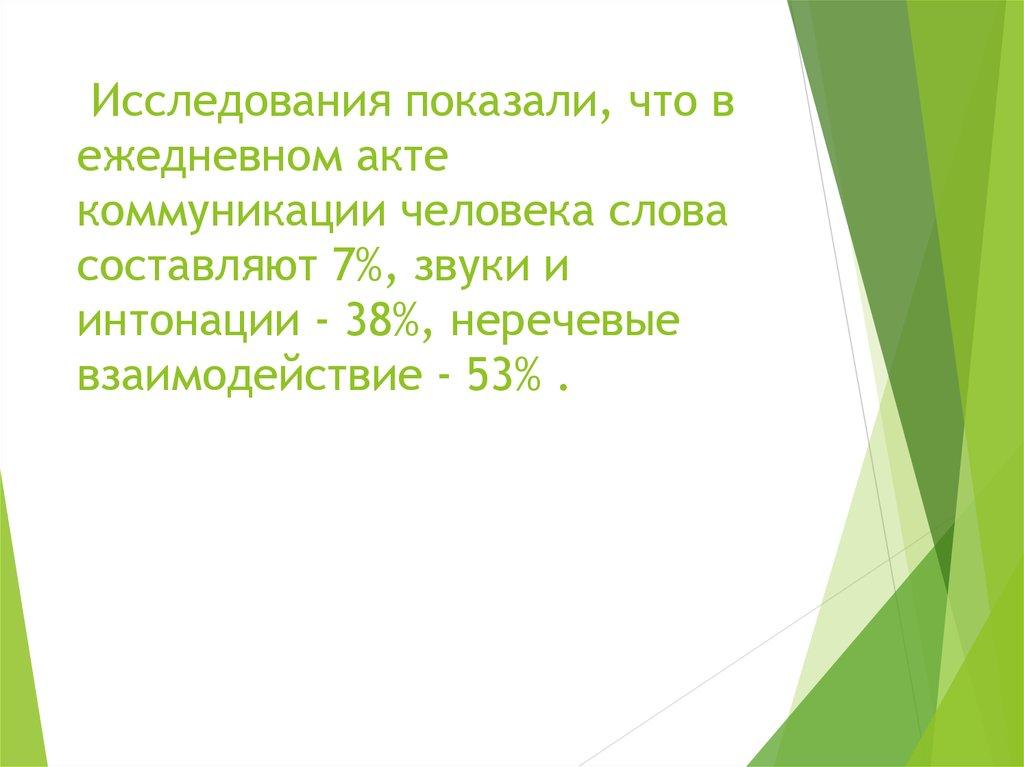 Исследования показали, что в ежедневном акте коммуникации человека слова составляют 7%, звуки и интонации - 38%, неречевые