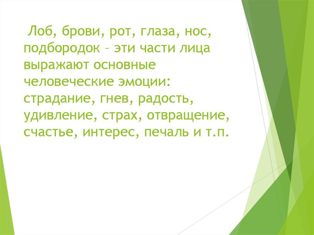 Лоб, брови, рот, глаза, нос, подбородок – эти части лица выражают основные человеческие эмоции: страдание, гнев, радость,