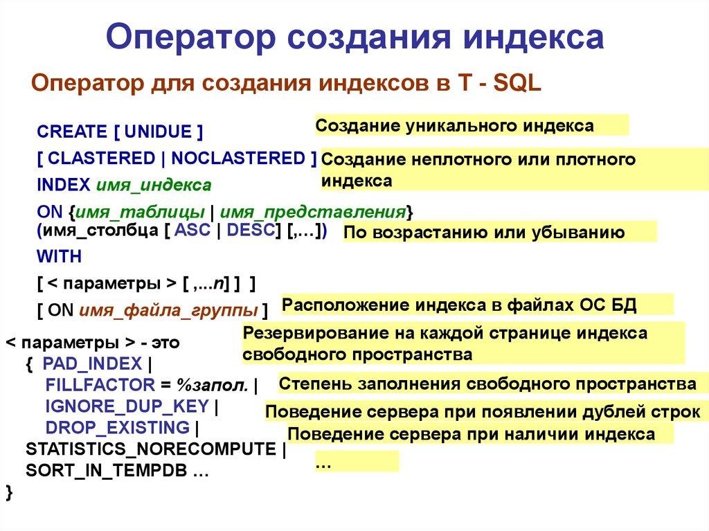 Оператор создания индекса