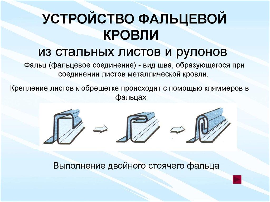 УСТРОЙСТВО ФАЛЬЦЕВОЙ КРОВЛИ из стальных листов и рулонов