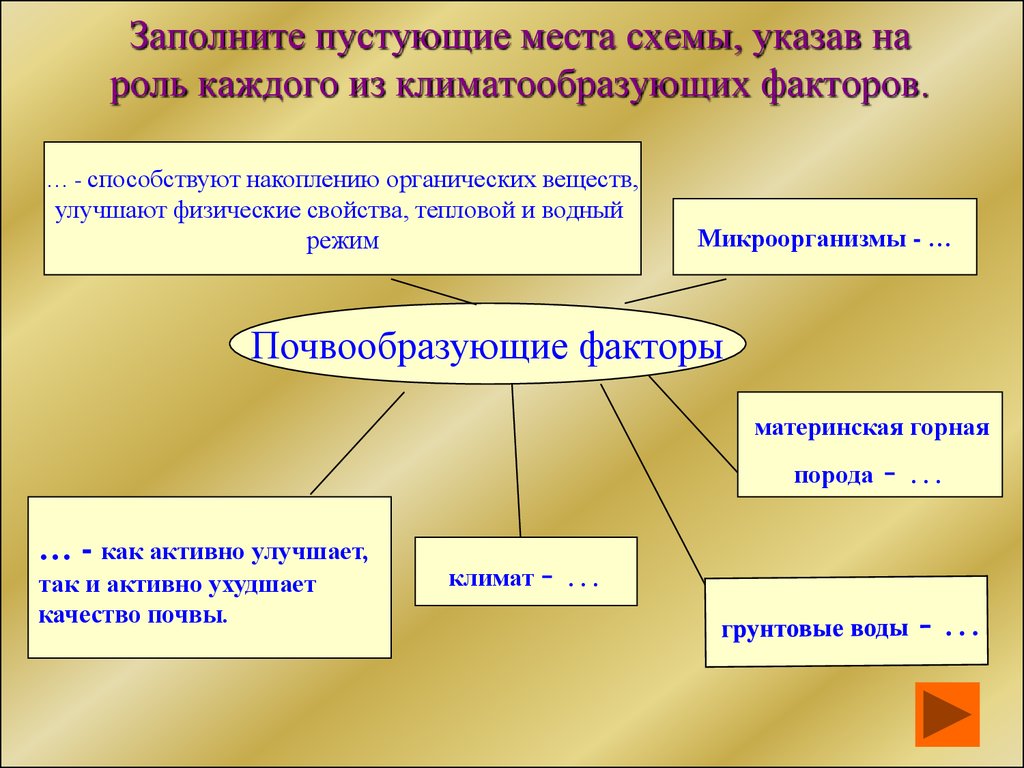 Заполните пустующие места схемы, указав на роль каждого из климатообразующих факторов.