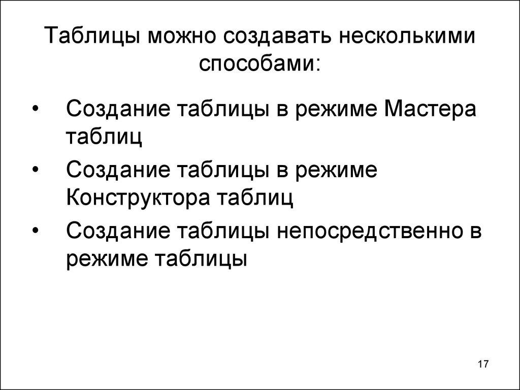 Таблицы можно создавать несколькими способами: