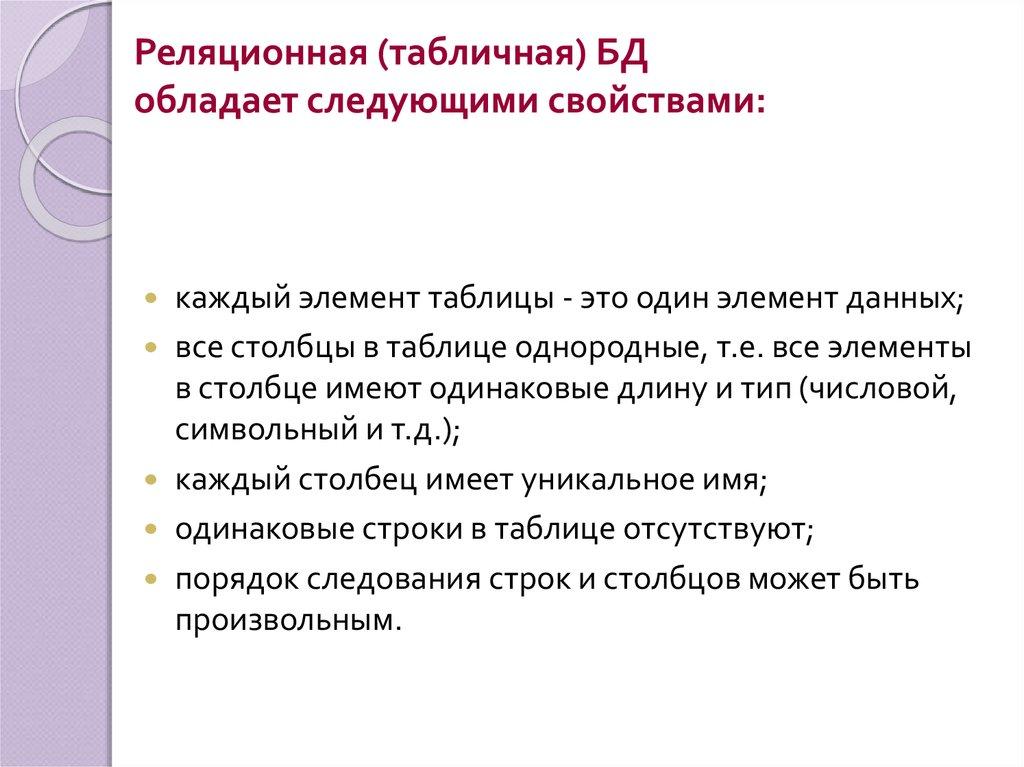 Реляционная (табличная) БД обладает следующими свойствами: