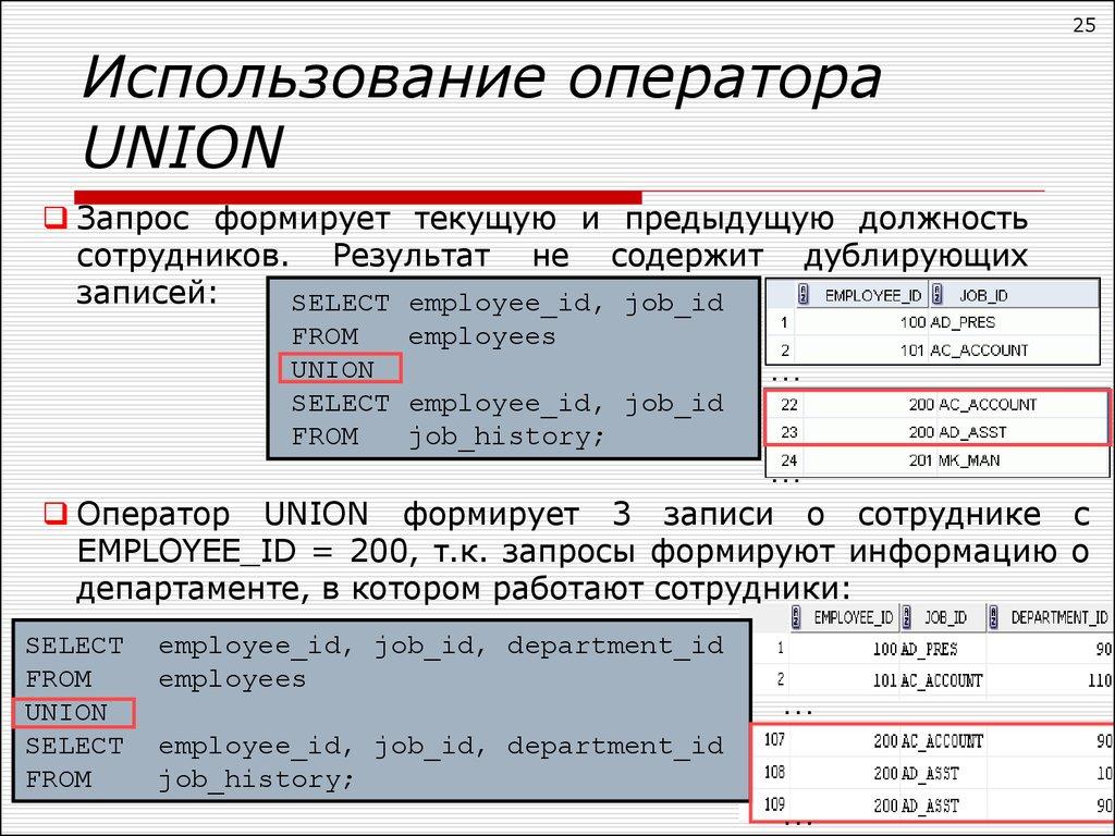 Использование оператора UNION
