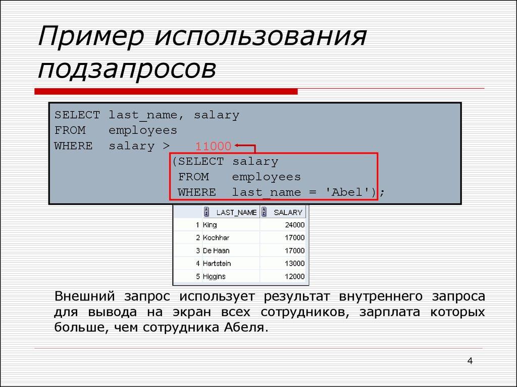Пример использования подзапросов