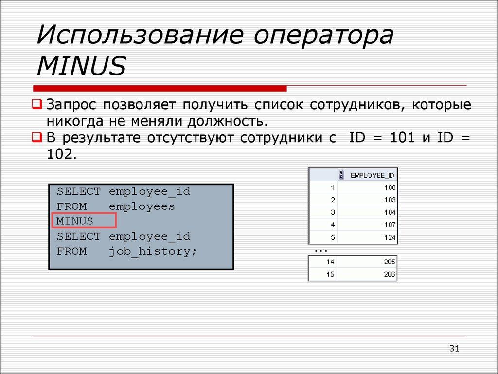 Использование оператора MINUS
