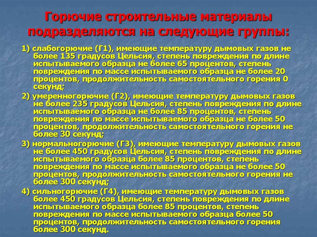 Горючие строительные материалы подразделяются на следующие группы: