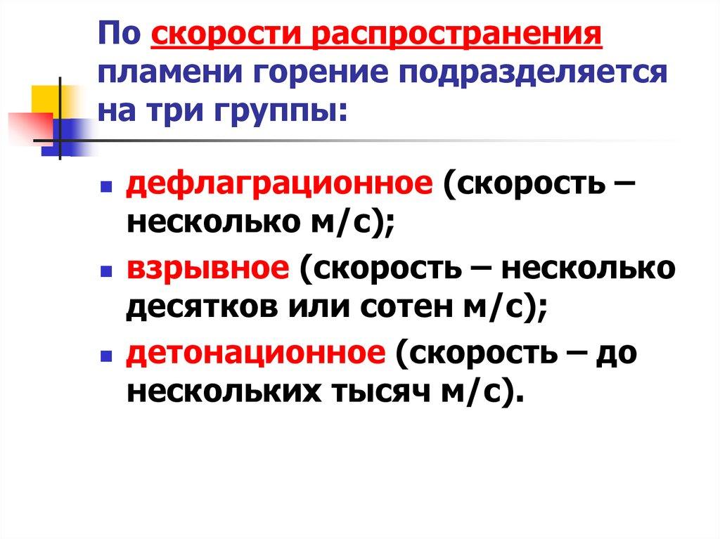 По скорости распространения пламени горение подразделяется на три группы: