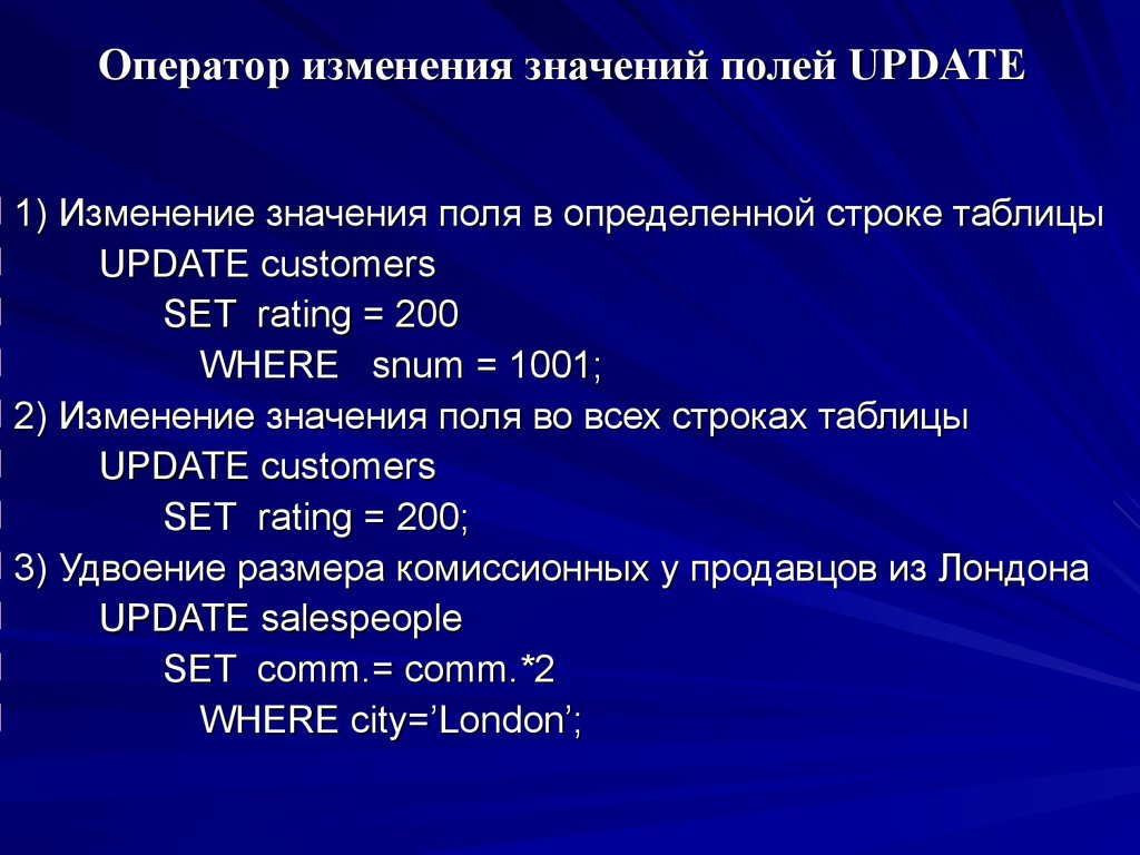 Оператор изменения значений полей UPDATE