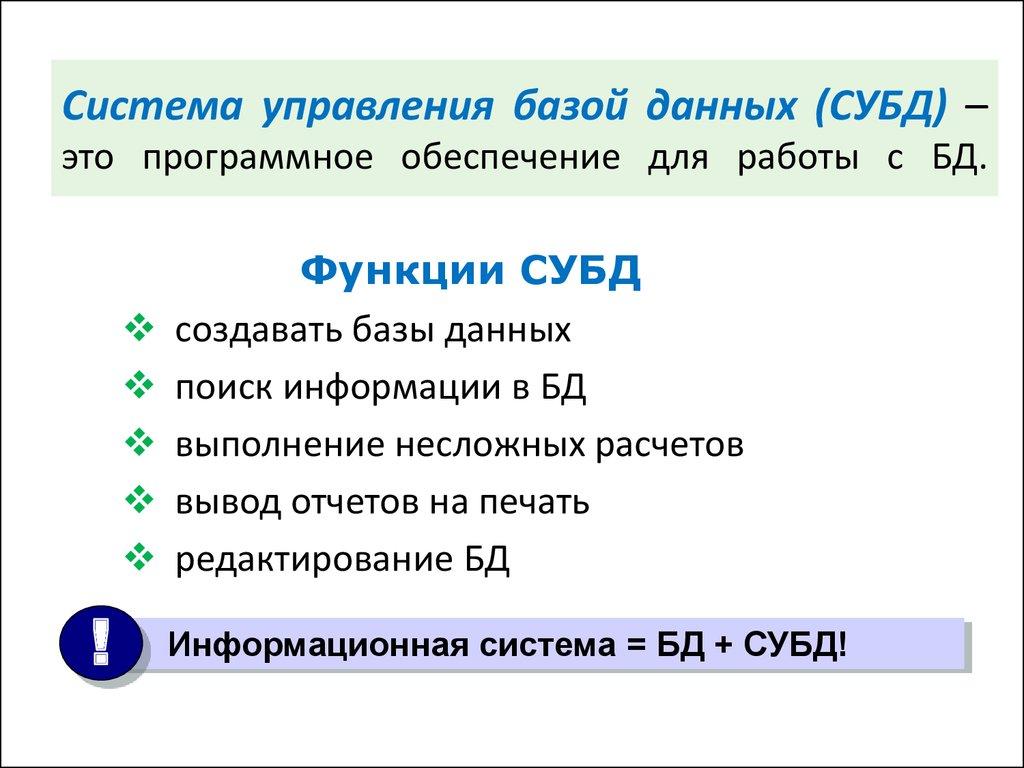 Система управления базой данных (СУБД) – это программное обеспечение для работы с БД.