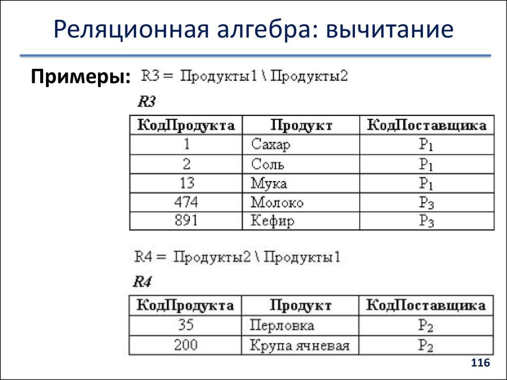 Реляционная алгебра: вычитание