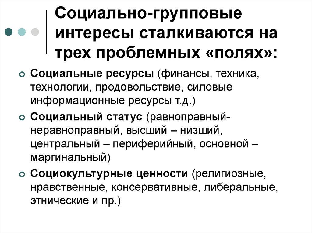Социально-групповые интересы сталкиваются на трех проблемных «полях»: