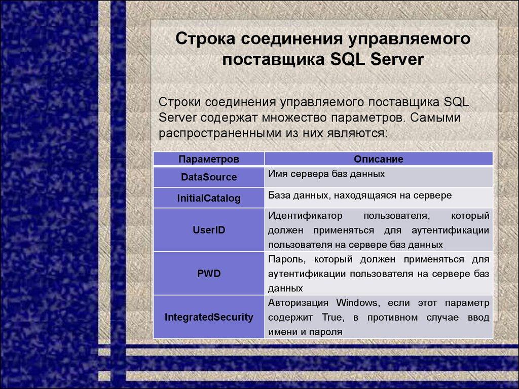Строка соединения управляемого поставщика SQL Server