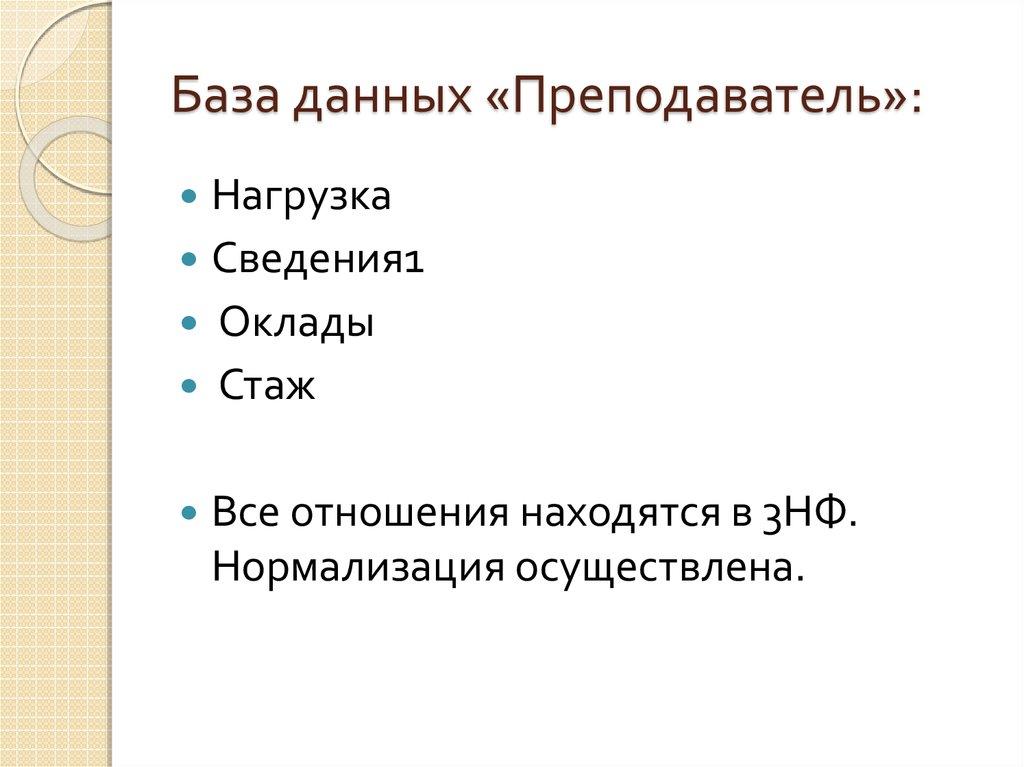 База данных «Преподаватель»: