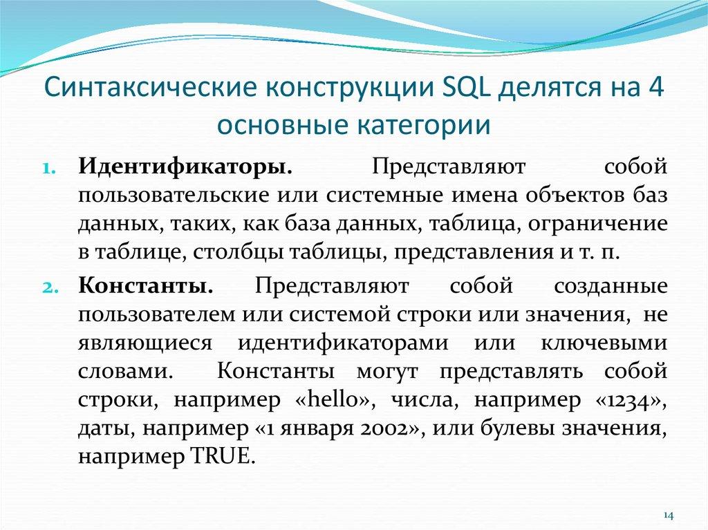 Синтаксические конструкции SQL делятся на 4 основные категории
