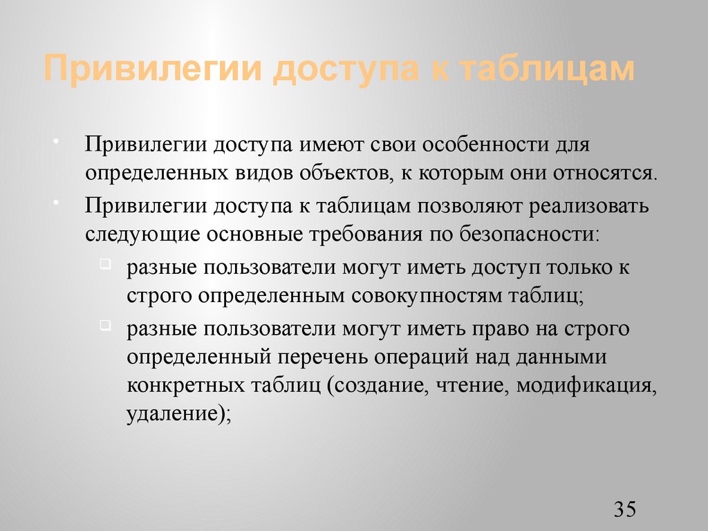 Привилегии доступа к таблицам