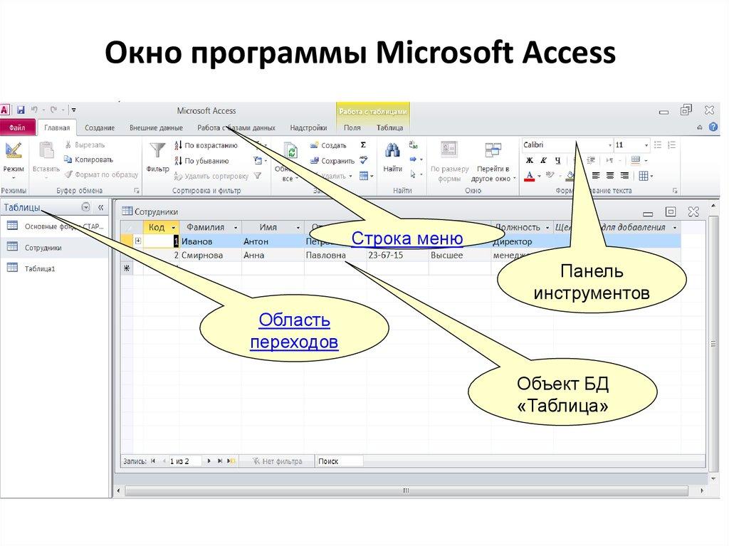 Окно программы Microsoft Access