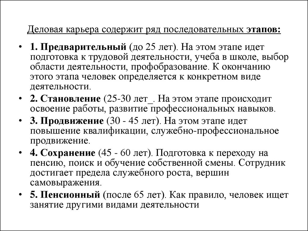 Деловая карьера содержит ряд последовательных этапов: