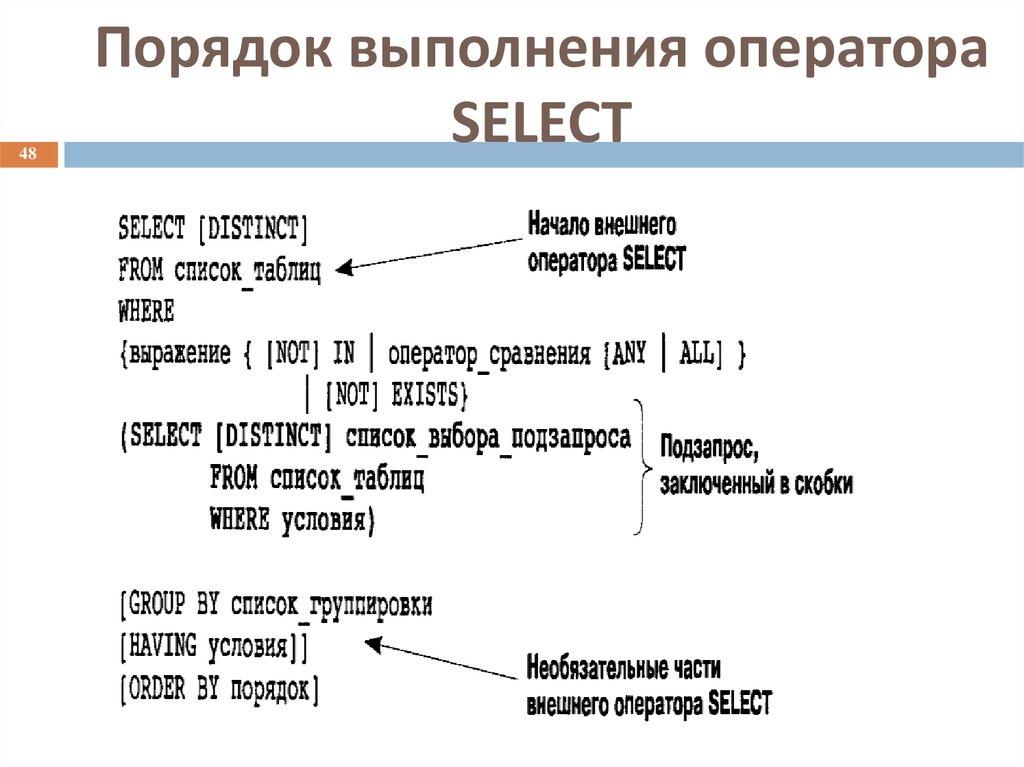 Порядок выполнения оператора SELECT