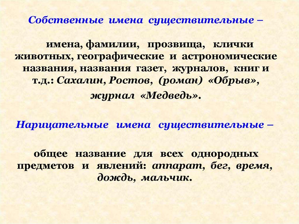 Собственные имена существительные – имена, фамилии, прозвища, клички животных, географические и астрономические названия, названия газет,
