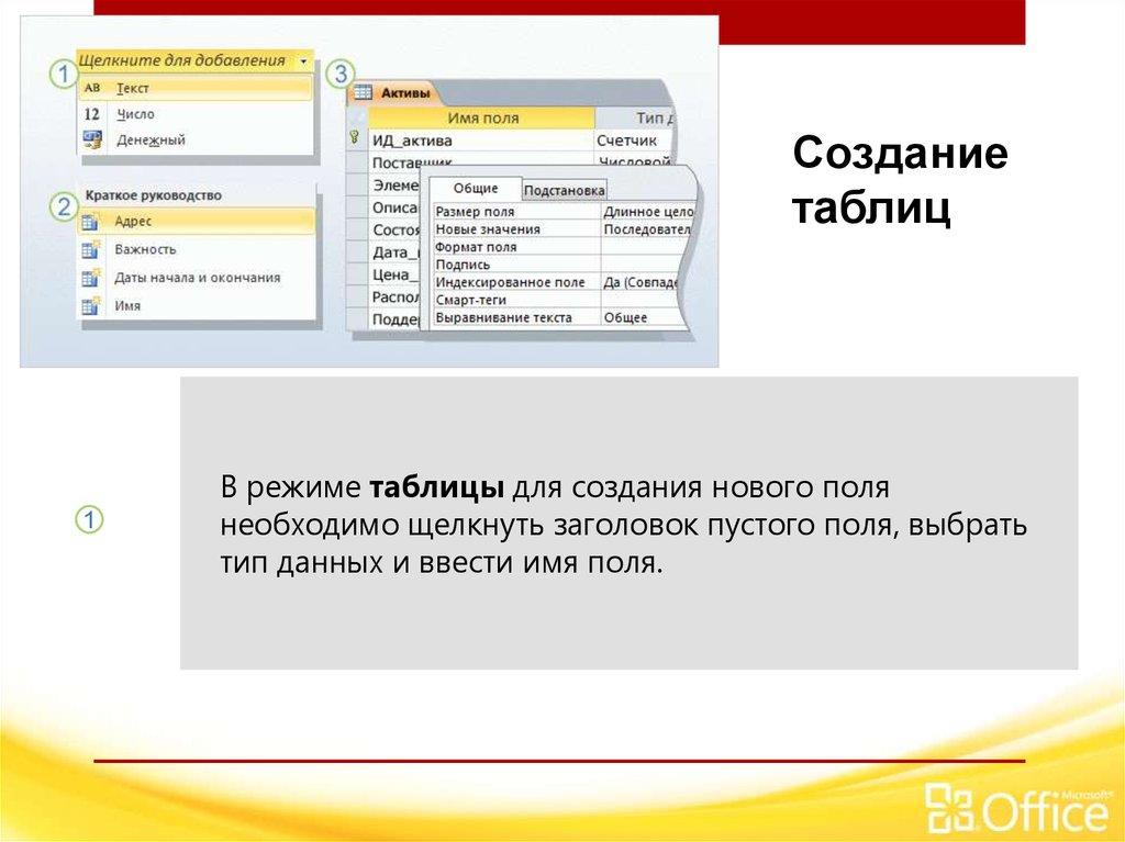 Создание таблицы в режиме конструктора