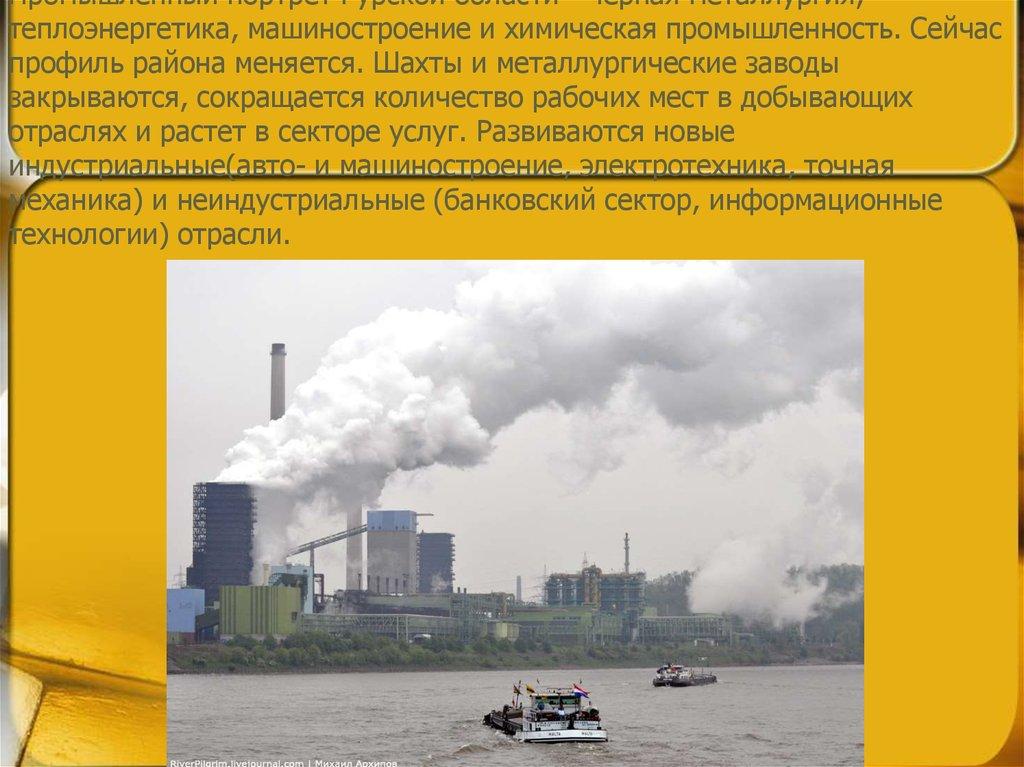 Промышленный портрет Рурской области - черная металлургия, теплоэнергетика, машиностроение и химическая промышленность. Сейчас профиль р