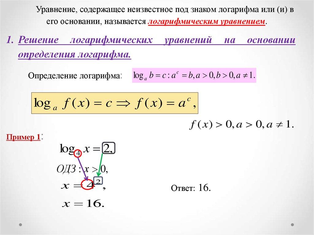 Уравнение, содержащее неизвестное под знаком логарифма или (и) в его основании, называется логарифмическим уравнением.