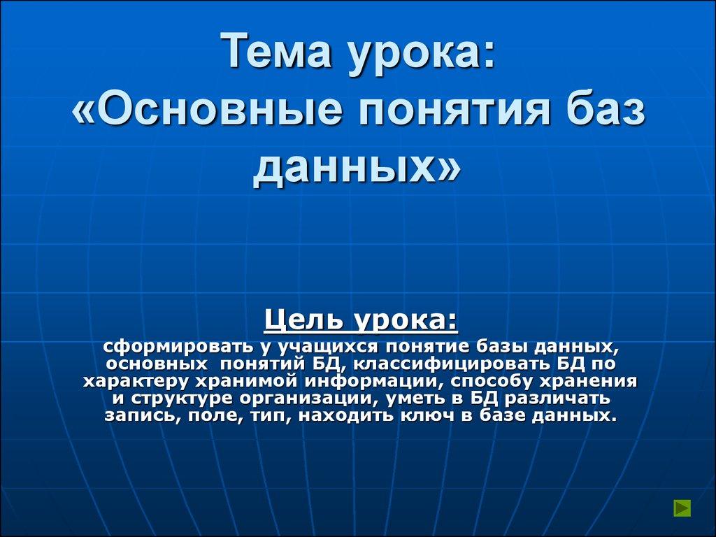 Тема урока: «Основные понятия баз данных»