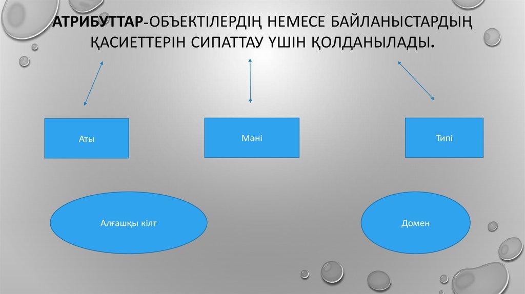 Атрибуттар-объектілердің немесе байланыстардың қасиеттерін сипаттау үшін қолданылады.