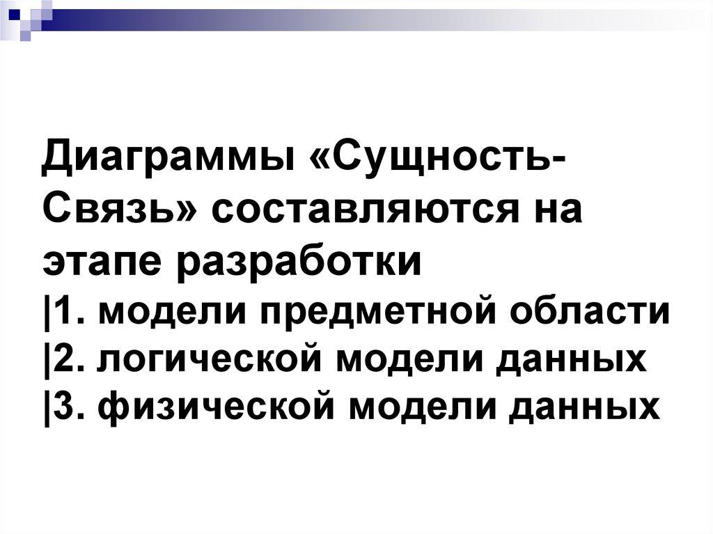 Диаграммы «Сущность-Связь» составляются на этапе разработки |1. модели предметной области |2. логической модели данных |3.