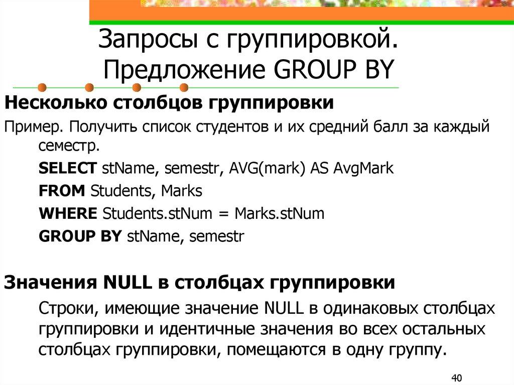 Запросы с группировкой. Предложение GROUP BY