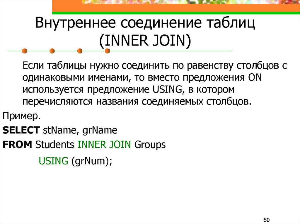 Внутреннее соединение таблиц (INNER JOIN)