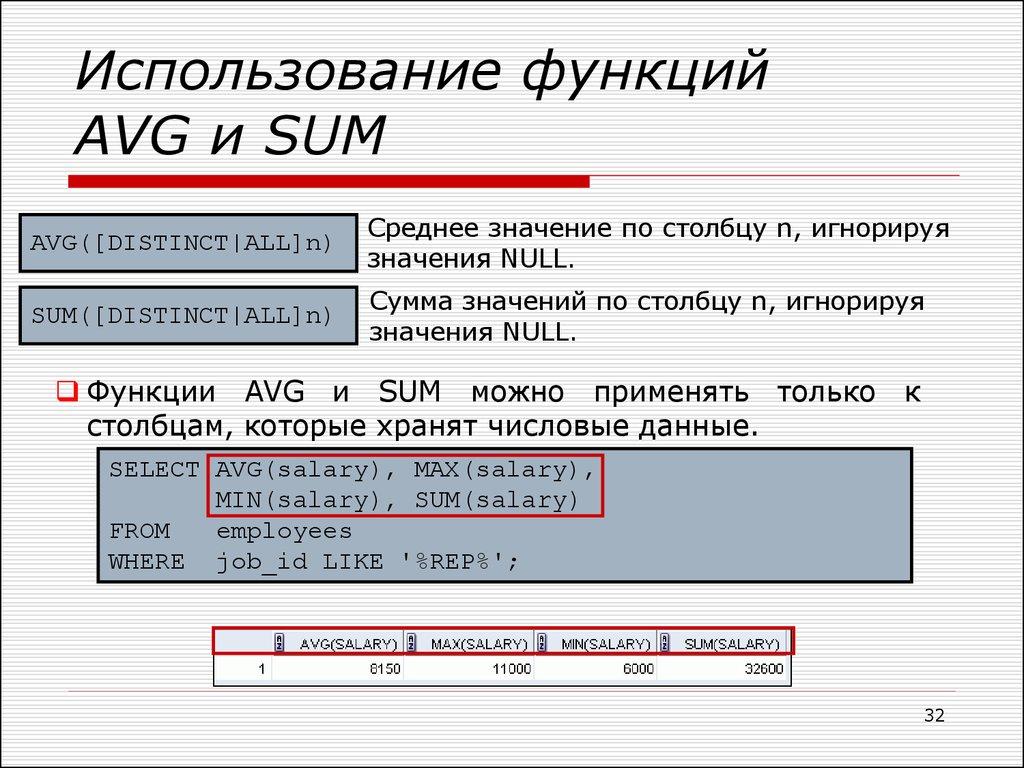Использование функций AVG и SUM