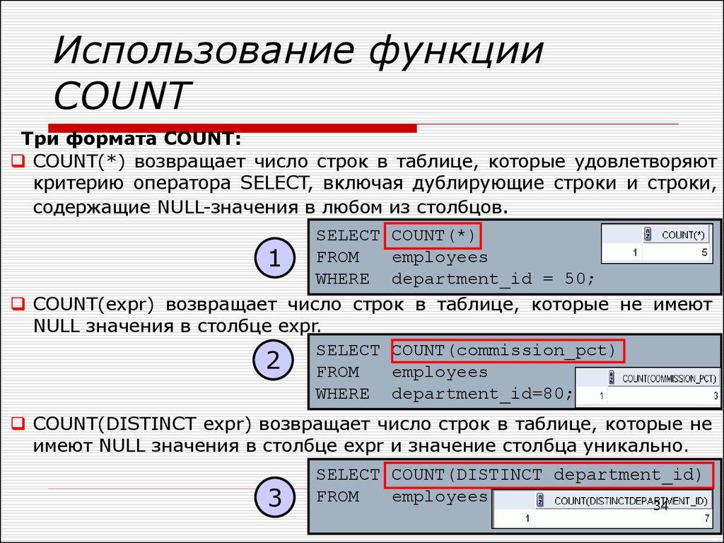 Использование функции COUNT