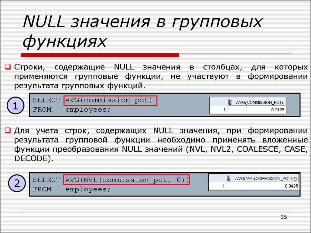 NULL значения в групповых функциях