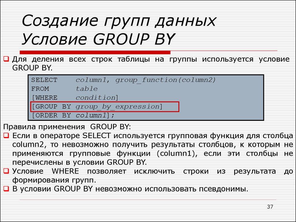 Создание групп данных Условие GROUP BY