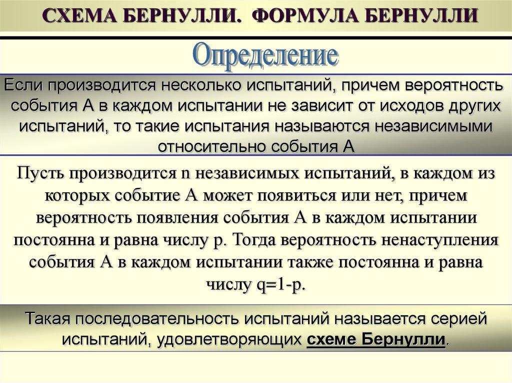 СХЕМА БЕРНУЛЛИ. ФОРМУЛА БЕРНУЛЛИ