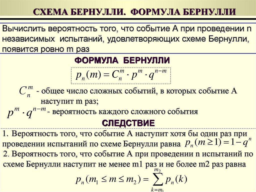 СХЕМА БЕРНУЛЛИ. ФОРМУЛА БЕРНУЛЛИ