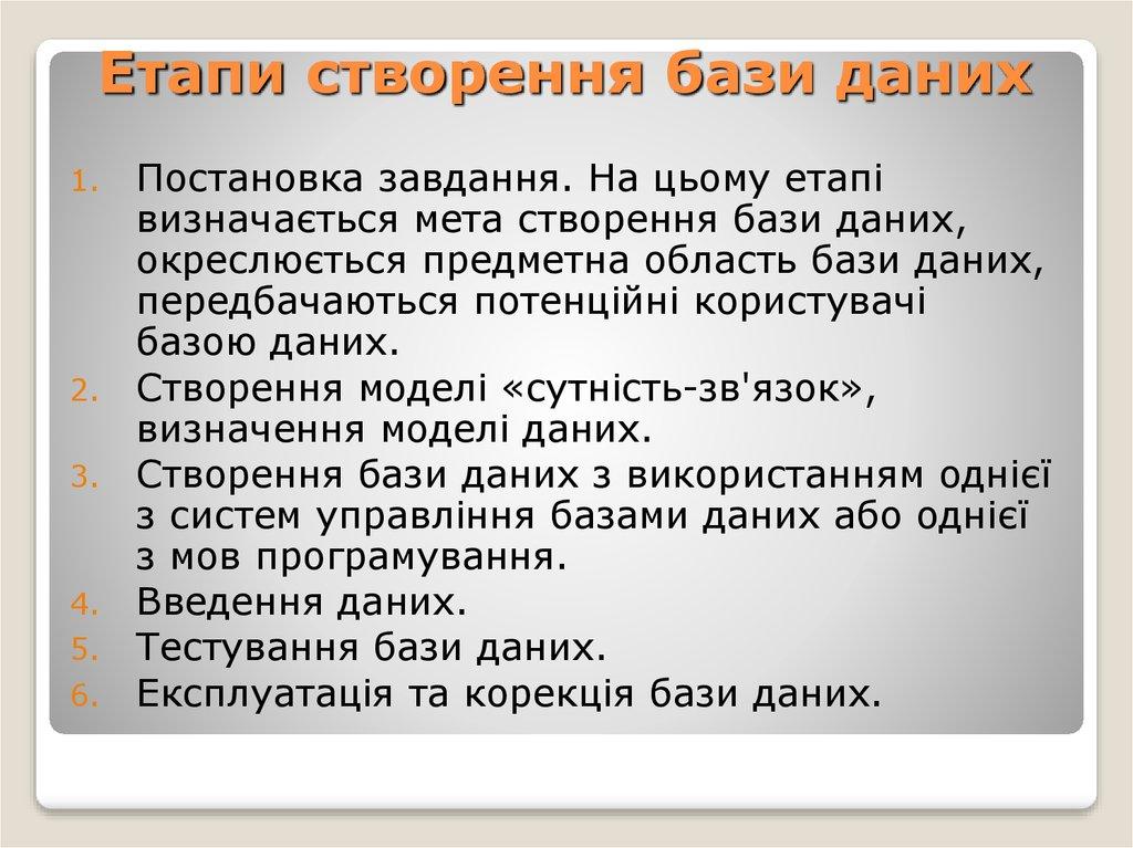 Етапи створення бази даних