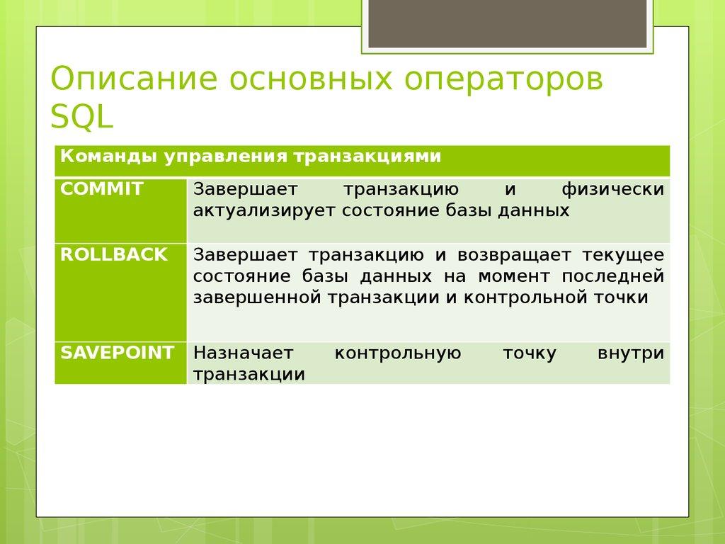 Описание основных операторов SQL