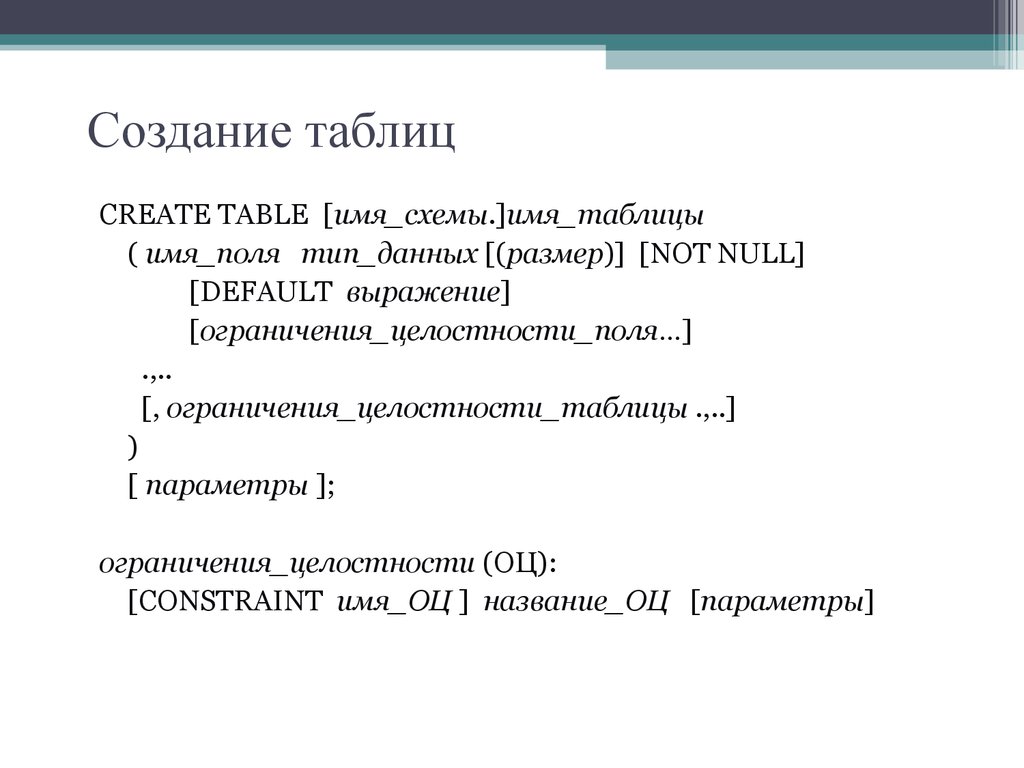 Создание таблиц