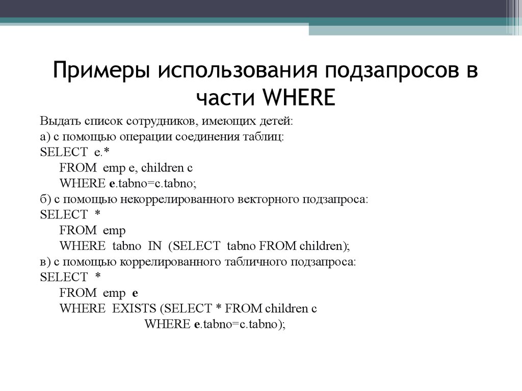 Примеры использования подзапросов в части WHERE