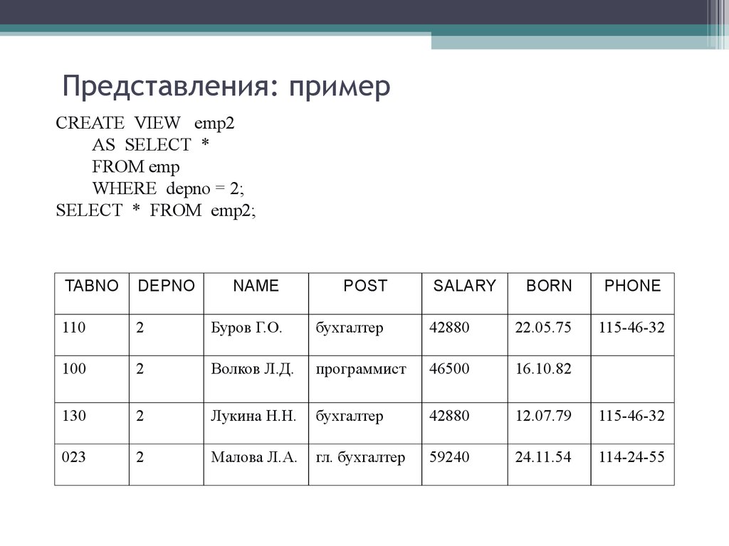 Представления: пример