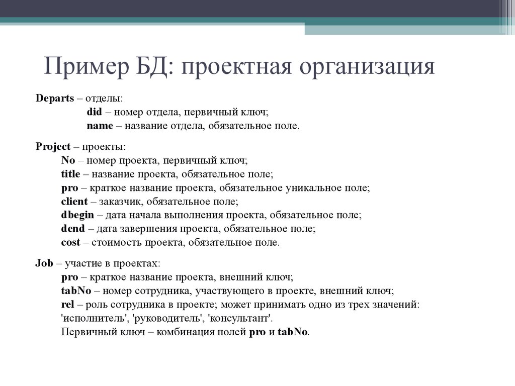 Пример БД: проектная организация