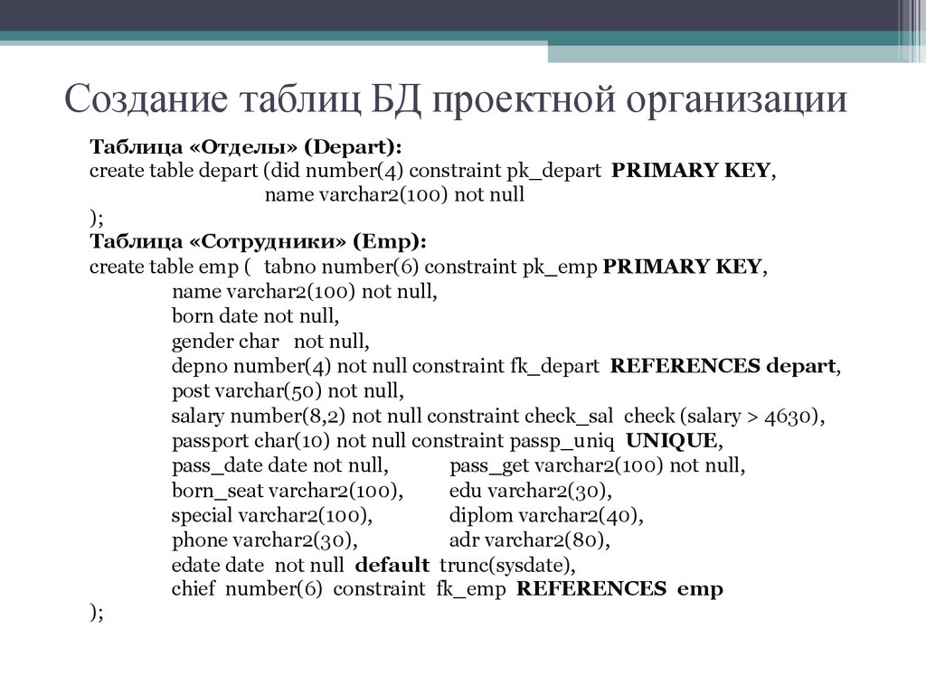 Создание таблиц БД проектной организации