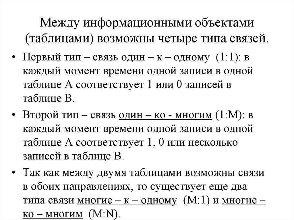 Между информационными объектами (таблицами) возможны четыре типа связей.