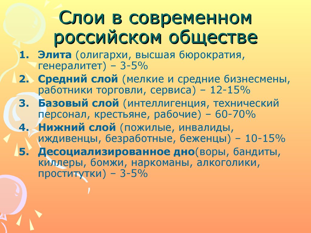 Слои в современном российском обществе