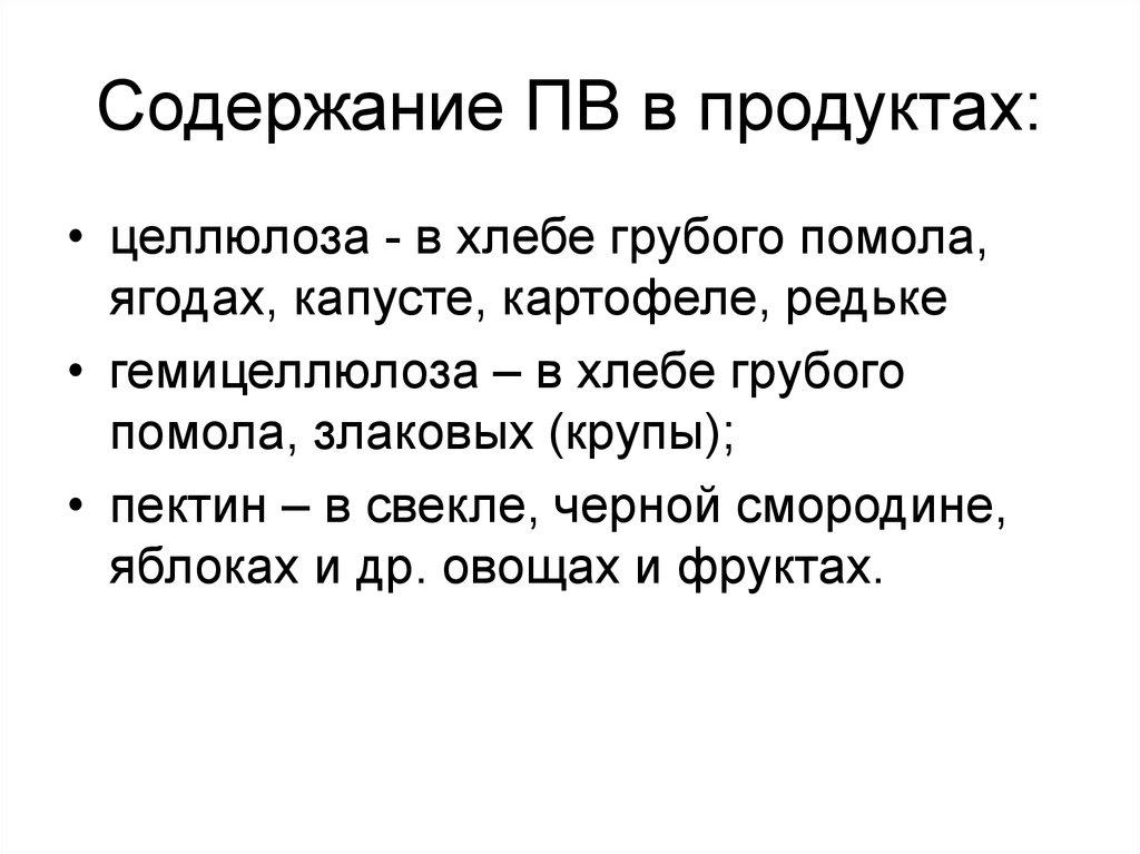 Содержание ПВ в продуктах: