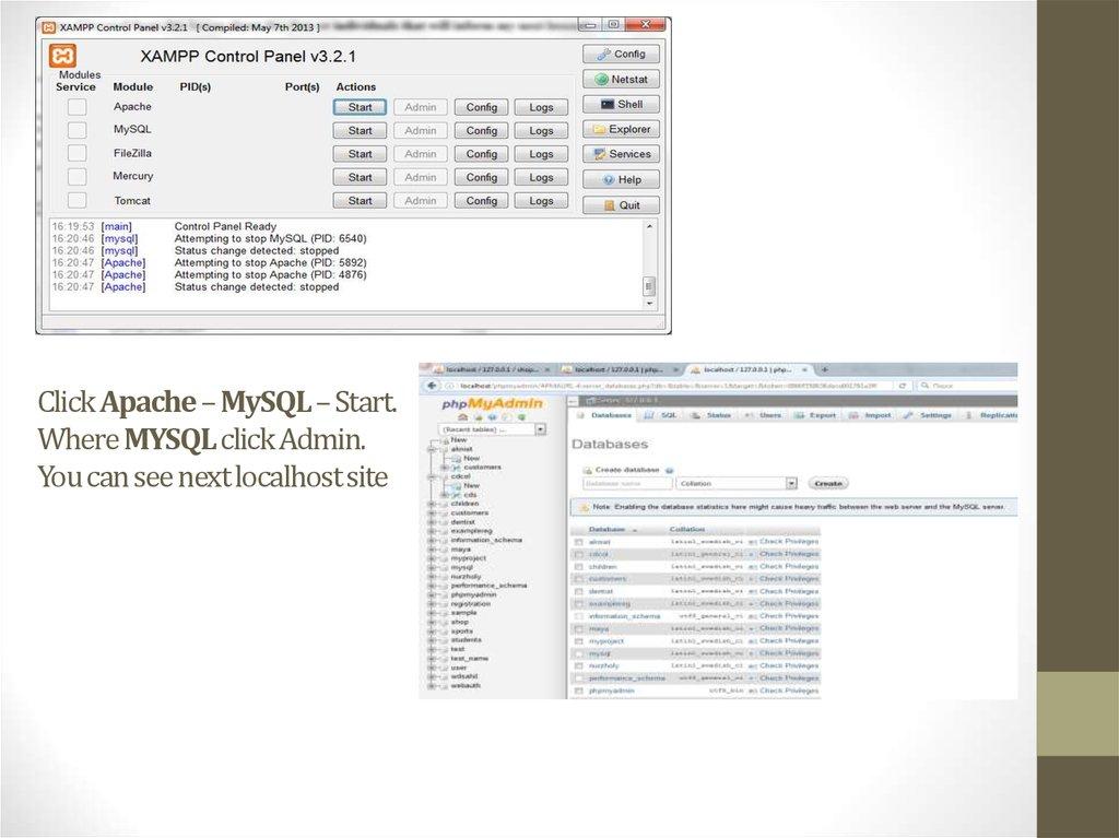 Click Apache – MySQL – Start. Where MYSQL click Admin. You can see next localhost site